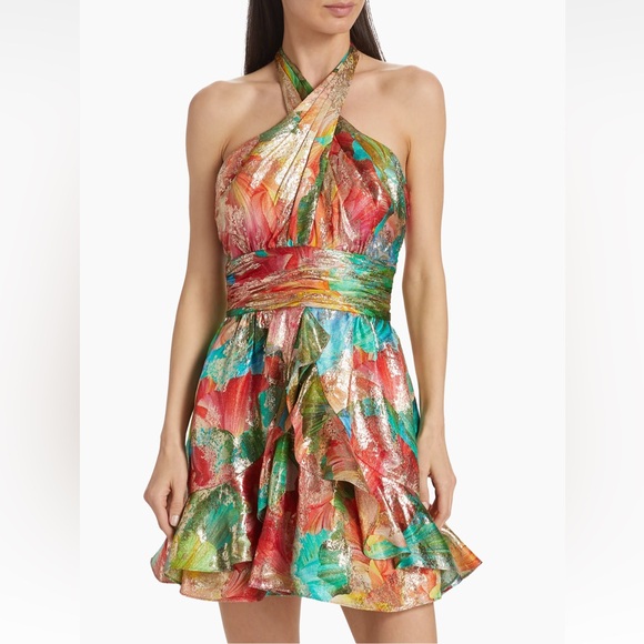 Ramy Brook Reuben Printed Metallic Halterneck Minidress - Picture 1 of 10